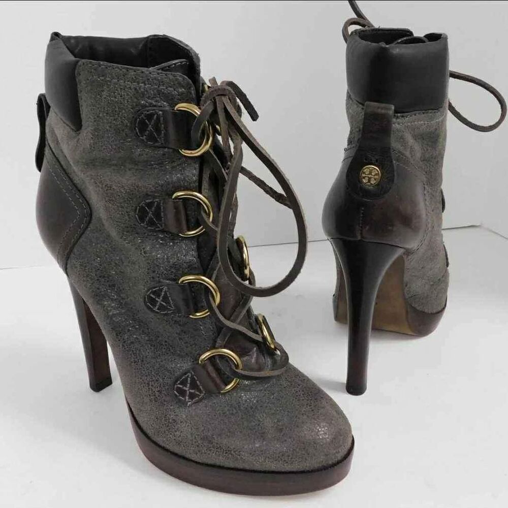 Tory Burch Women's Gray Brown Lawson Bootie Heels - Size 5.5